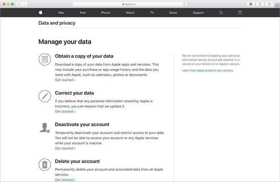 صفحه‌ی اطلاعات و حریم خصوصی Apple ID